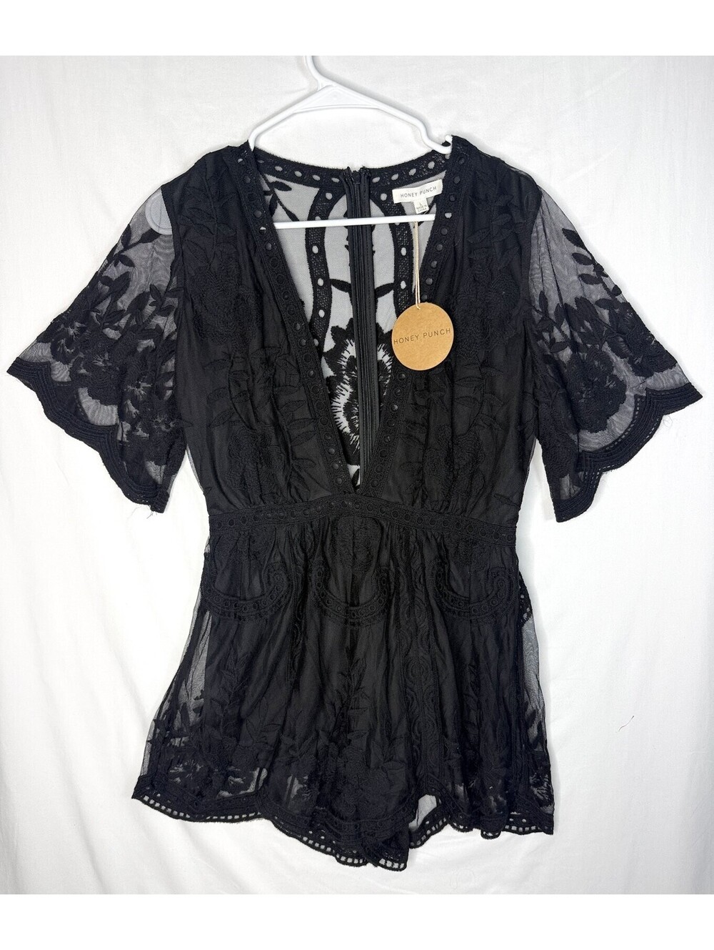 NWT Black Lace Romper L Sheer Floral Gothic Romantic Party Honey Punch